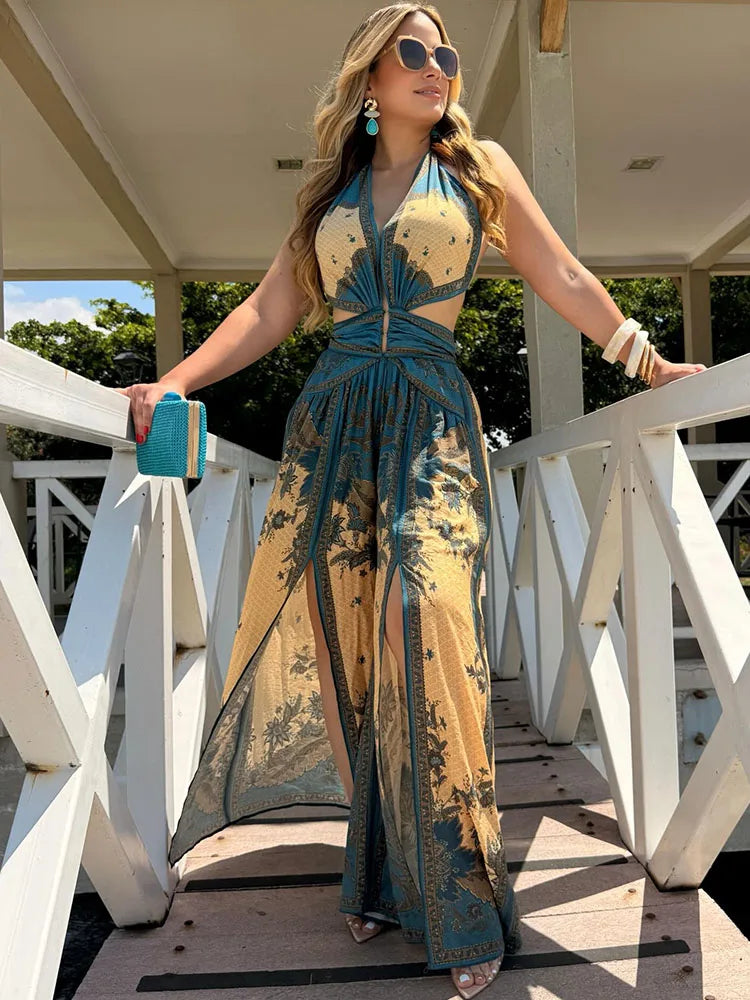 Deep V Neck Halter Sleeveless Lace Up Bow Wide Leg Jumpsuit for Women