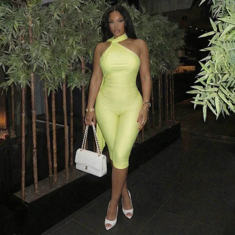 Sexy Ruched Backless Halter Bandage Jumpsuit for Women