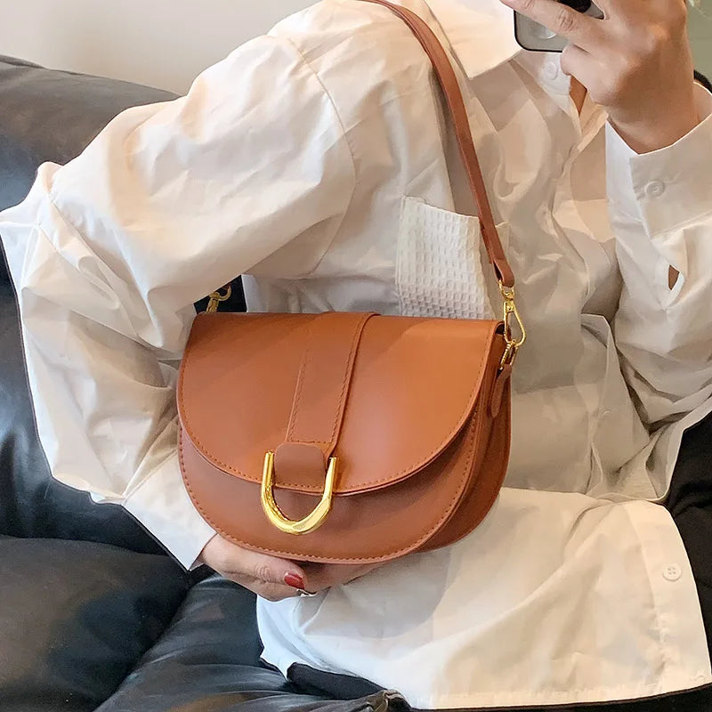 Solid Color Leather With Golden Hardware Saddle Shoulder Bag for Women
