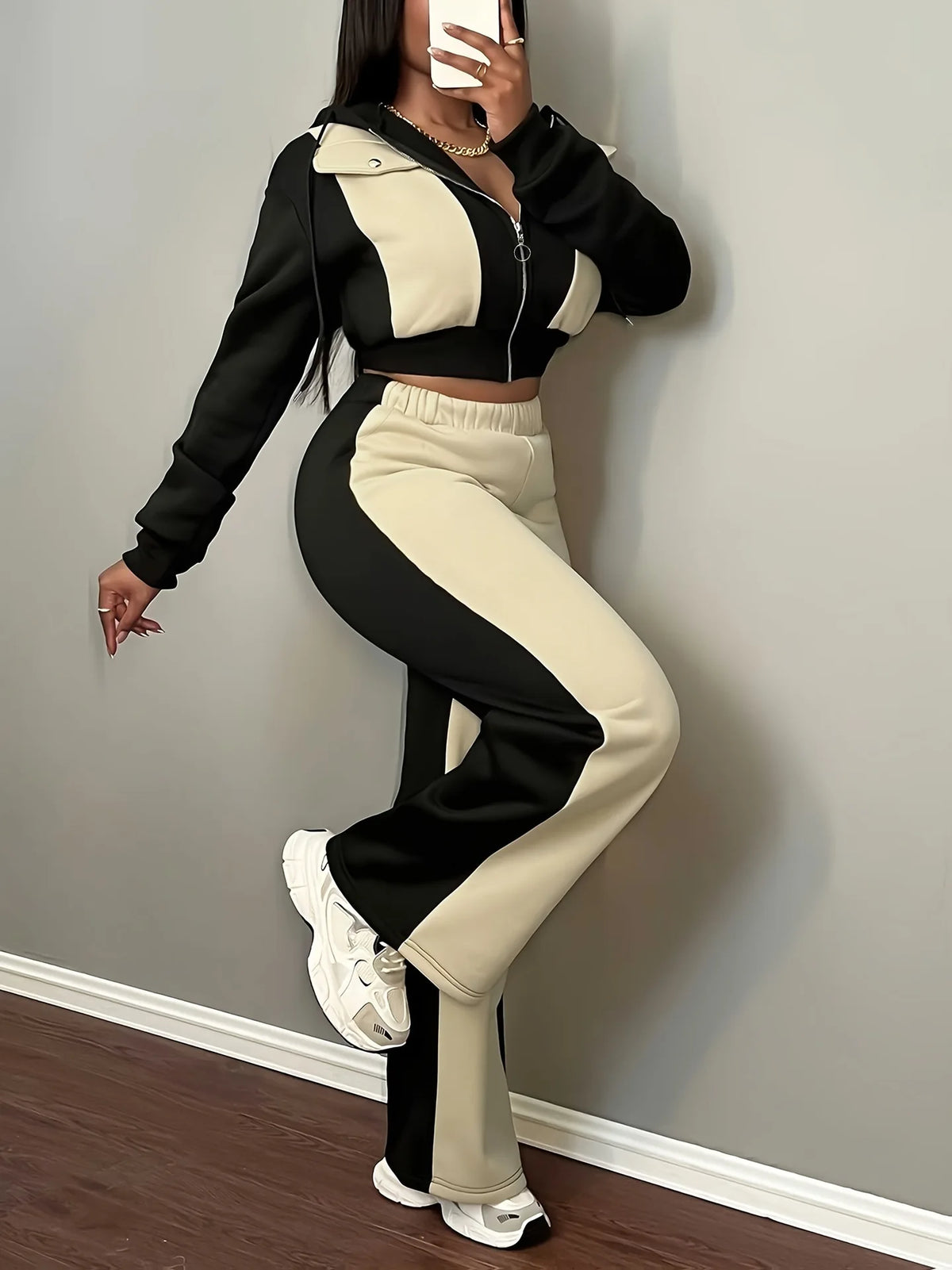 Hooded Two Piece Top and Pants Matching Set for Women