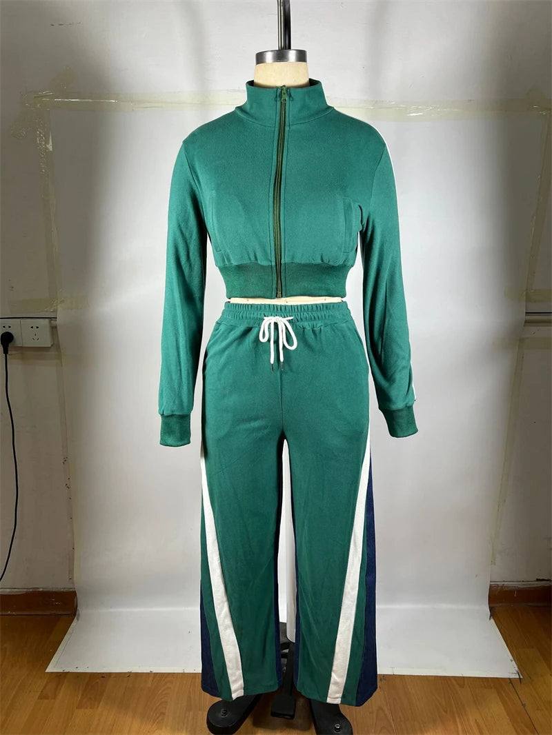 Colorblock Zip Top And Patchwork Pants Set for Women
