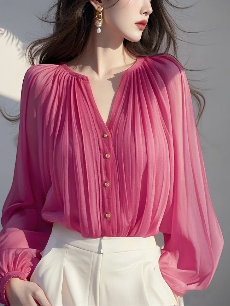 Charming Rose Red Chiffon Button Front Blouse For Women