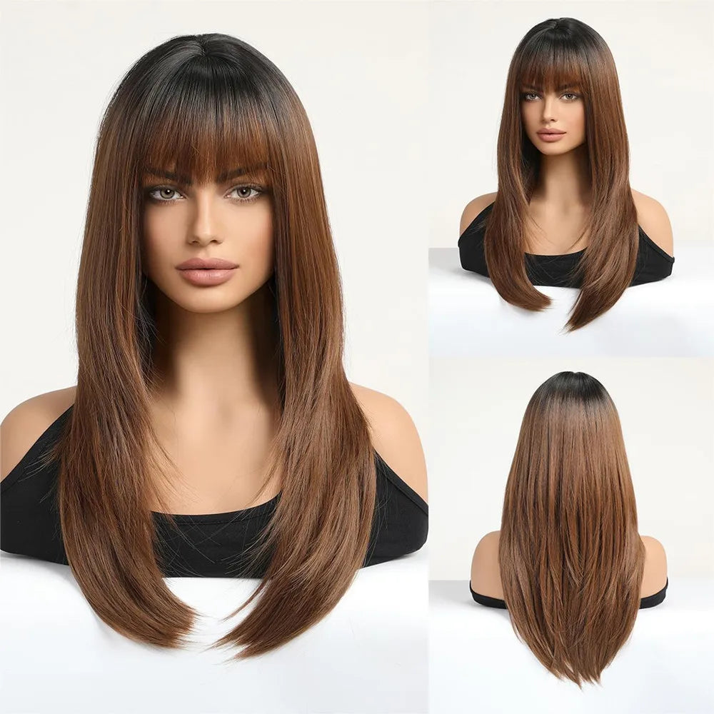 Long Layered Orange Straight Wig With Bangs for Women