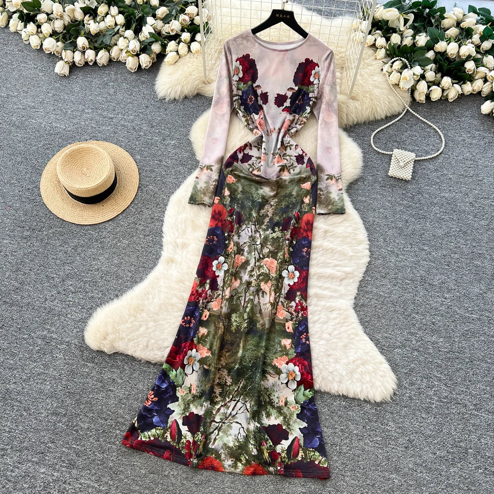 Vintage Floral Print Long Sleeve Maxi Dress for Women