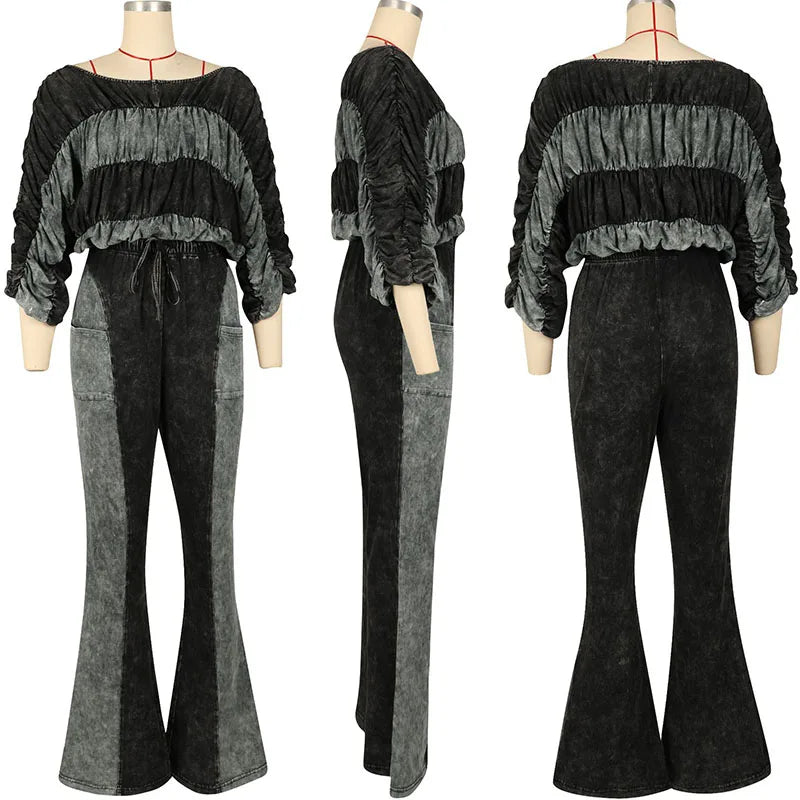 Ruched Crop Top And Flare Pants Two Piece Set for Women