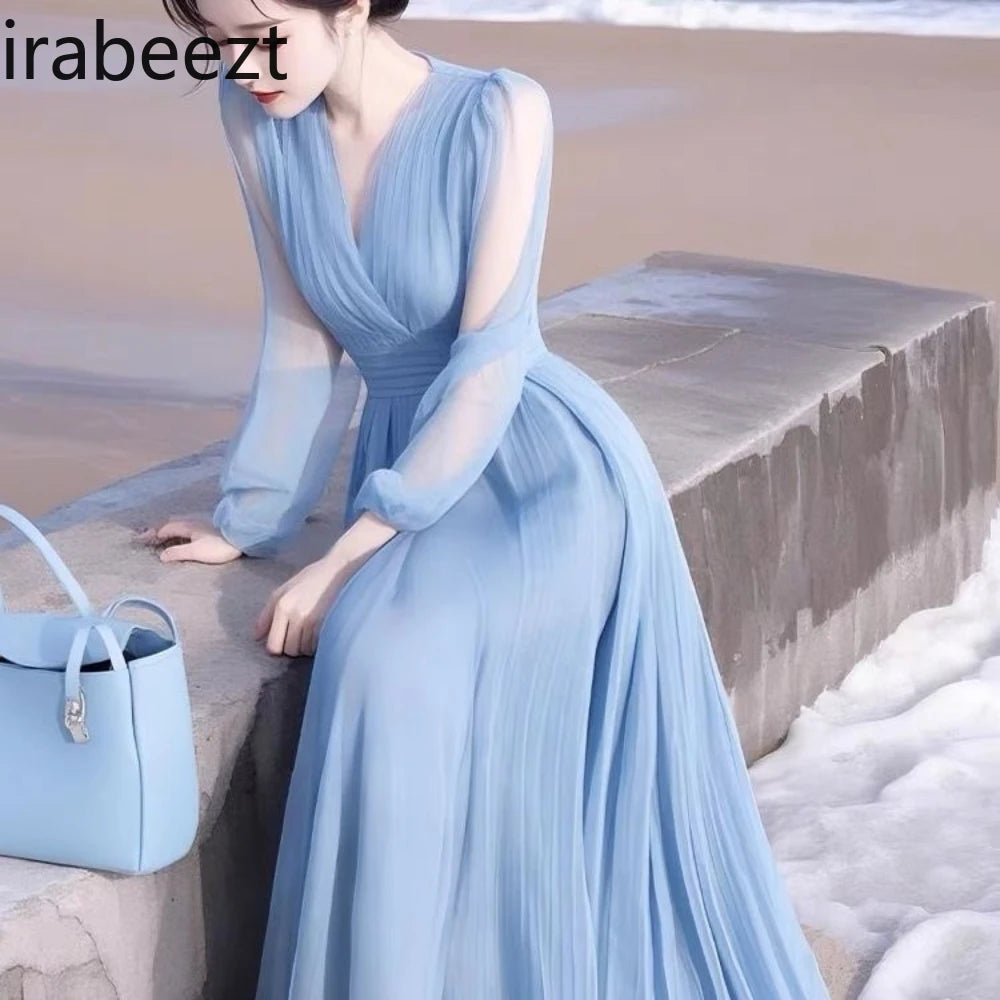 Elegant Blue Chiffon Ankle Length Flowing Dress For Women