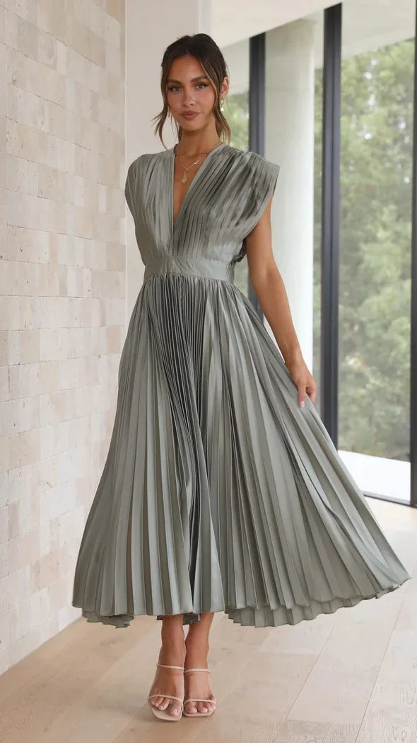 Elegance Draped V-Neck Pleated Skirt Dress 2025 Women Solid Strapless Backless Patchwork Loungewear Simple Maxi Dress