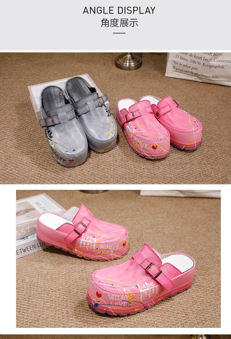 Hand Drawn Leather Platform Slippers with Round Toe for Women