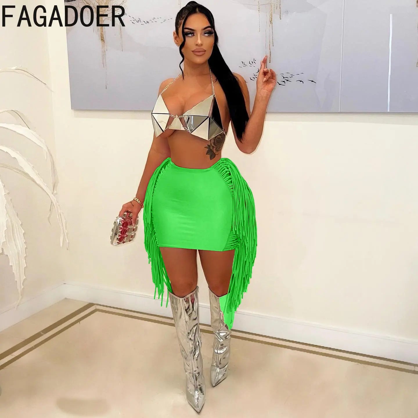 FAGADOER Sexy Tassel Bodycon Mini Skirts Party Club Outfits Women Fashion Chic Streetwear Short Birthday Holidays Skirt Solid