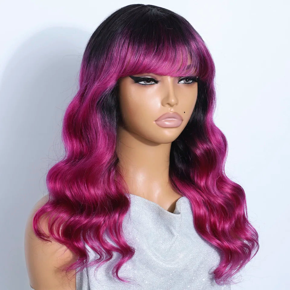 Long Body Wave Human Hair Wig With Bangs for Women