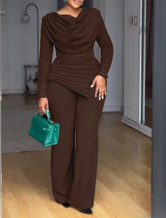 Casual Pile Collar Two Piece Wide Leg Pants Set for Women