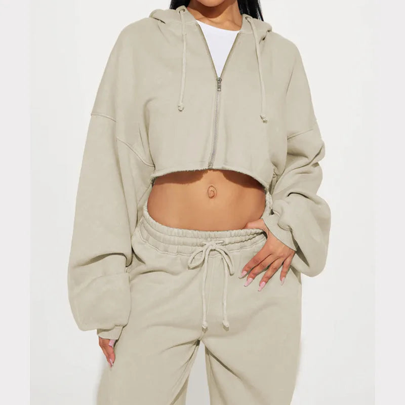 Hooded Cropped Sweatshirt And Long Pants Set for Women