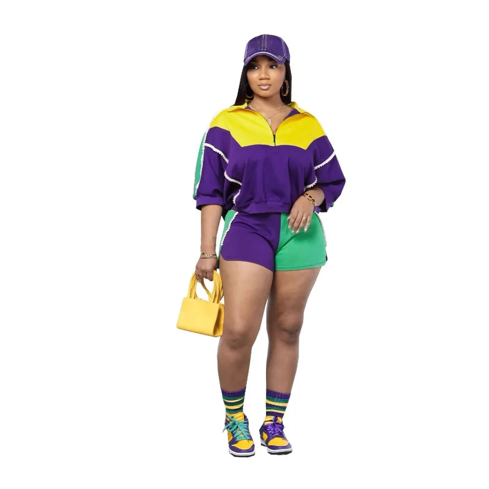 Sporty Color Block Crop Top and Shorts Set for Women
