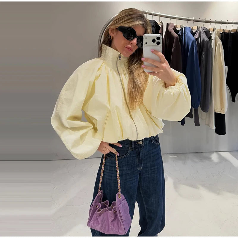 Zip Up High Neck Puff Sleeve Cropped Jacket For Women