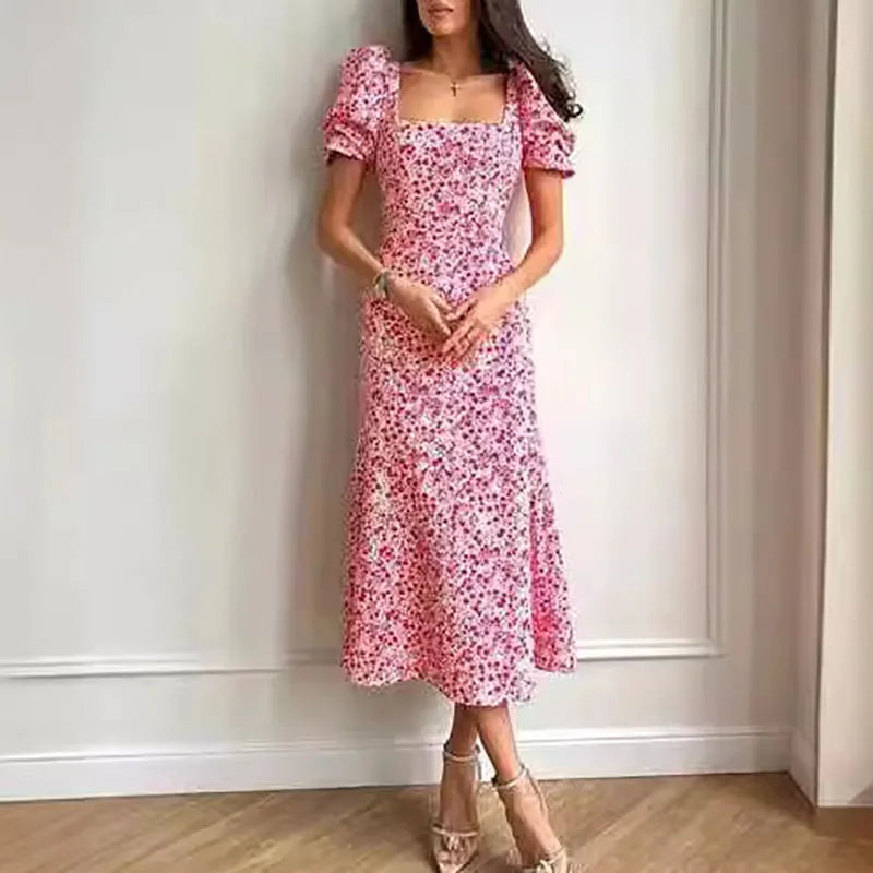 Elegant Fresh Slim Holiday Party Dress Casual Square Neck Puff Sleeve Long Dress Women Fashion Floral Print Waist Mermaid Dress