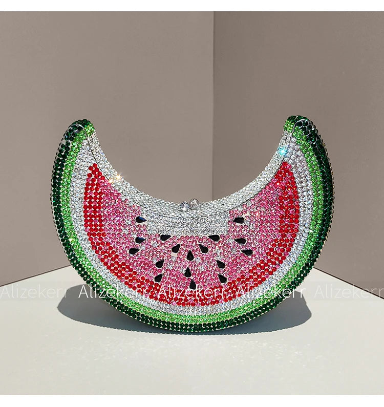 Moon Shaped Diamond Evening Bag with Watermelon Rhinestones for Women