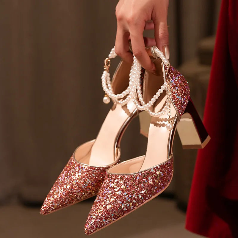 Pearl Embellished High Heel Ankle Strap Sandals for Women