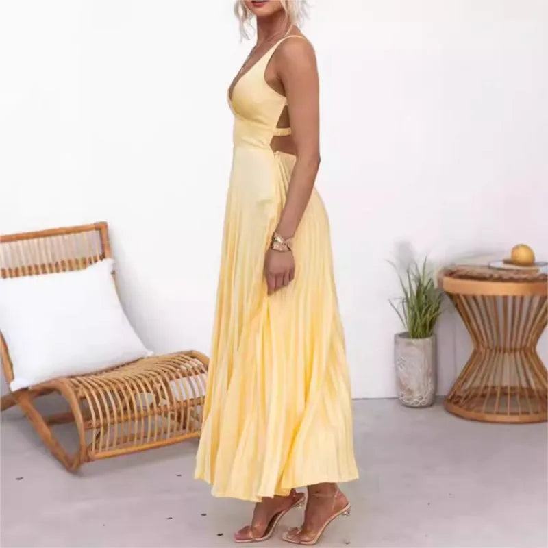 Fashion V-Neck Holiday Long Dress Summer Elegant Strap Loose Solid Sleeveless Party Dress Women High Waist Solid Pleat Dresses