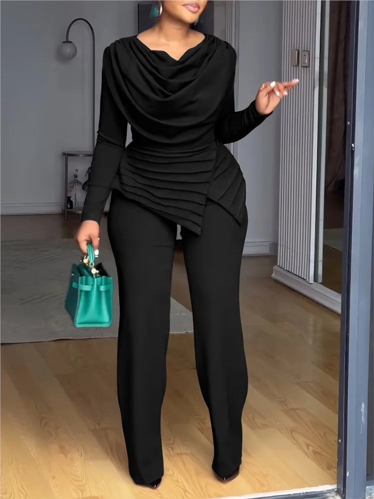Casual Pile Collar Two Piece Wide Leg Pants Set for Women