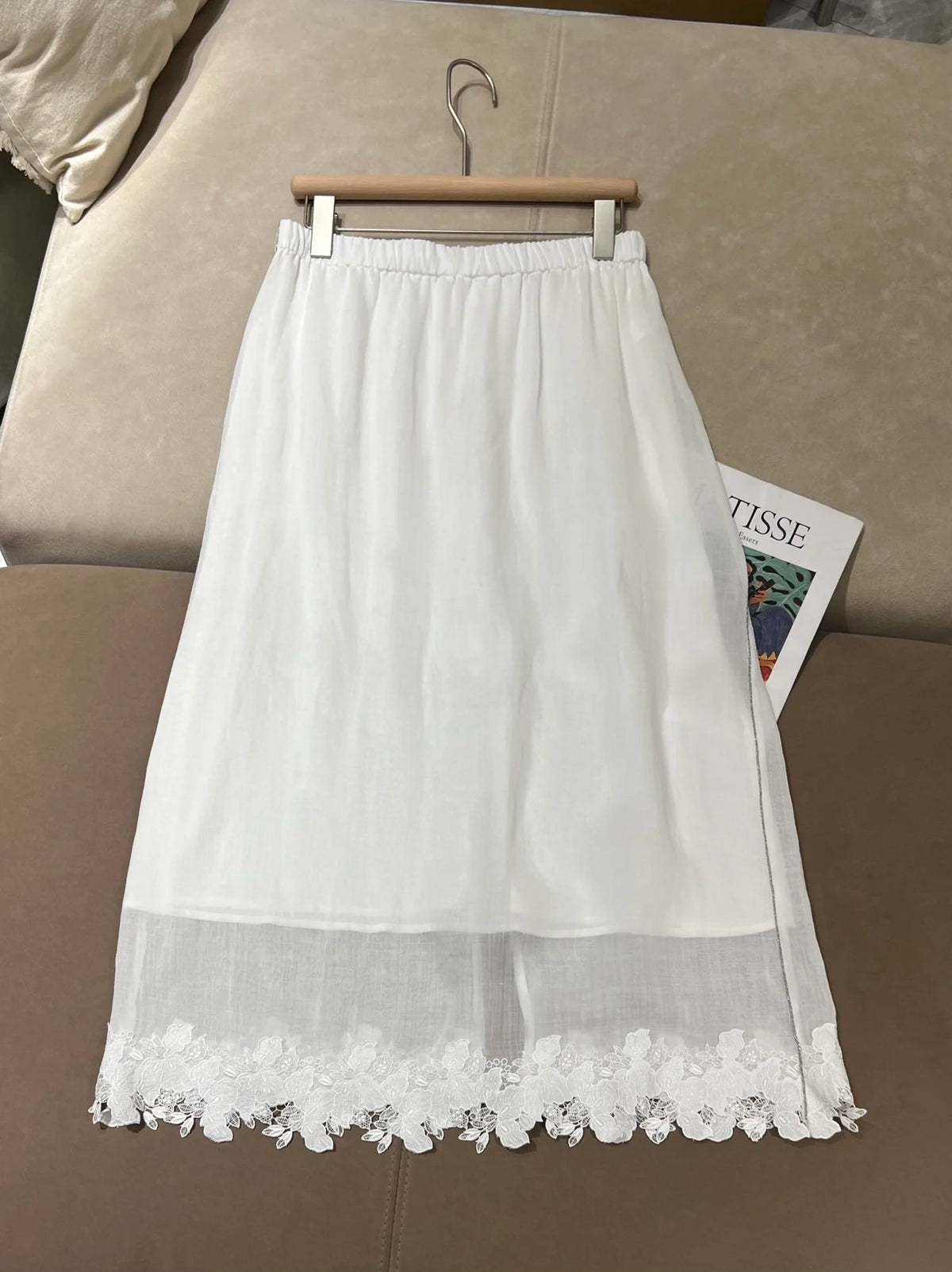 Embroidered Linen Blouse And Midi Skirt Set for Women