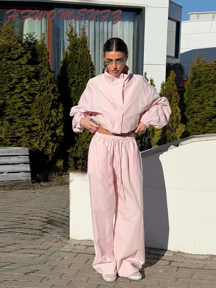 Solid Loose Suit Set with Stand Collar Crop Top and Drawstring Pants for Women