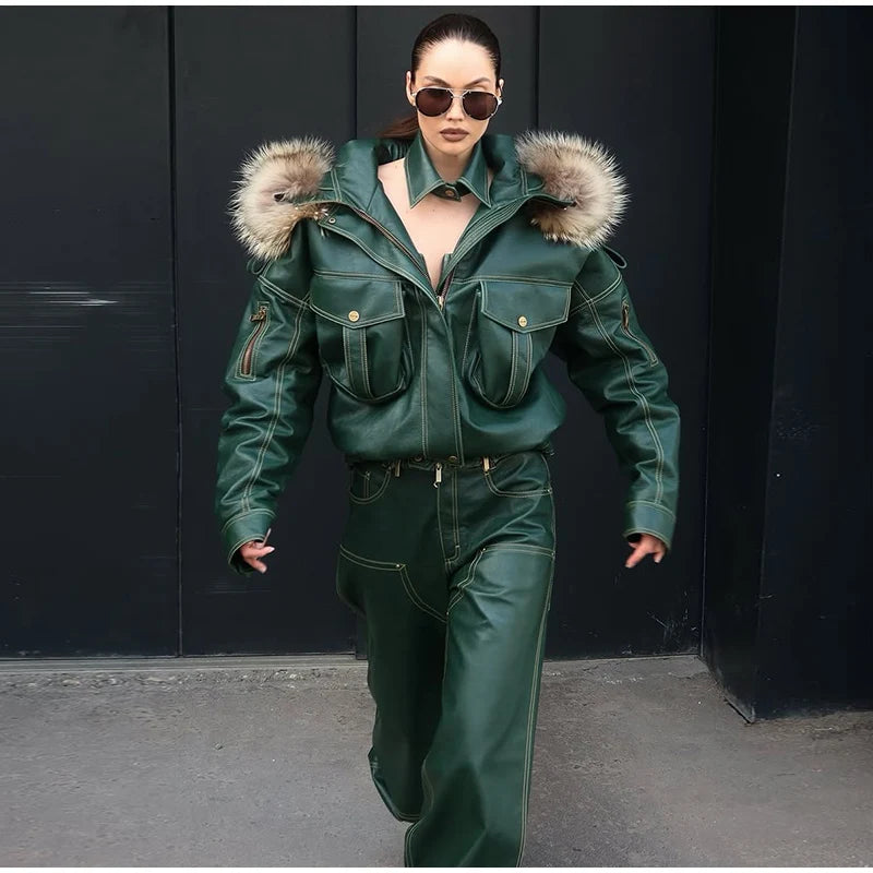 Fur Collar Women 's Leather Jackets Vintage Hooded Zipper Pockets Full Sleeve Jackets Lady 2025 New Woman Winter Coats Outwears