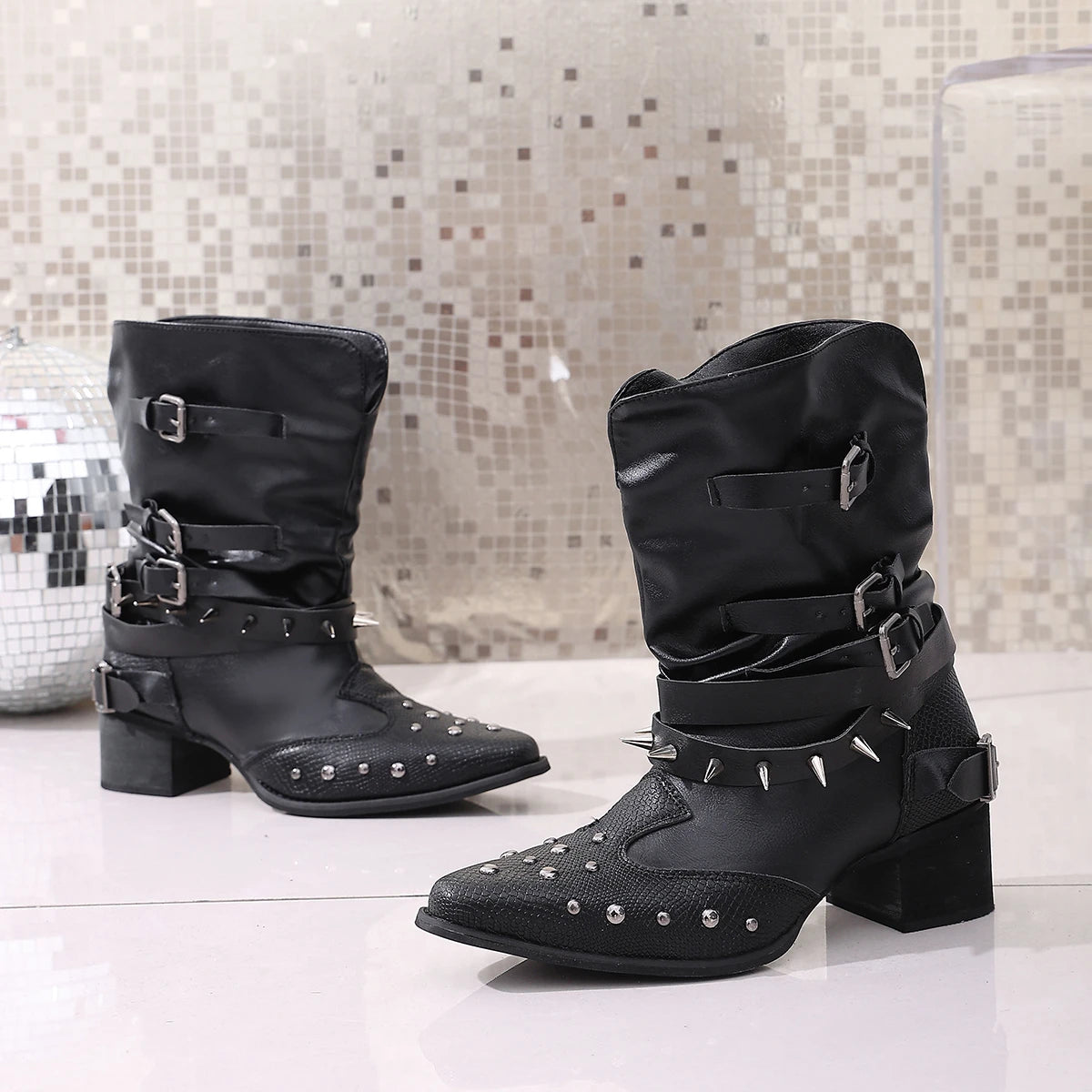 Wedge Single Shoes Four Seasons Square Toe Sleeve Metal Belt Buckle Anti-Slip Wear-Resistant Short Shoes