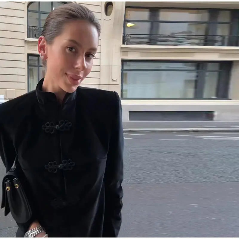 Chinese Knot Stand Collar Long Sleeve Jacket for Women
