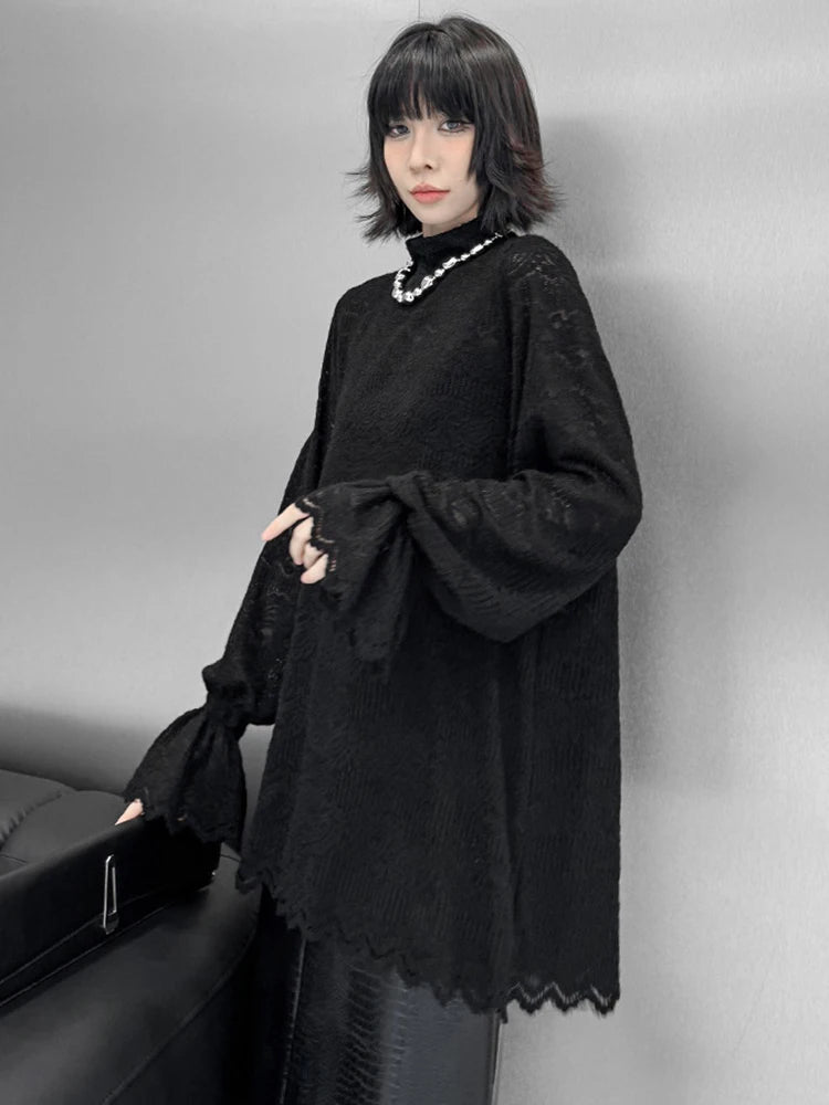 [EAM] Women Black Lace Thin Big Size Elegant T-shirt New Turtleneck Long Flare Sleeve Fashion Tide Spring Autumn 2025 1DH9265