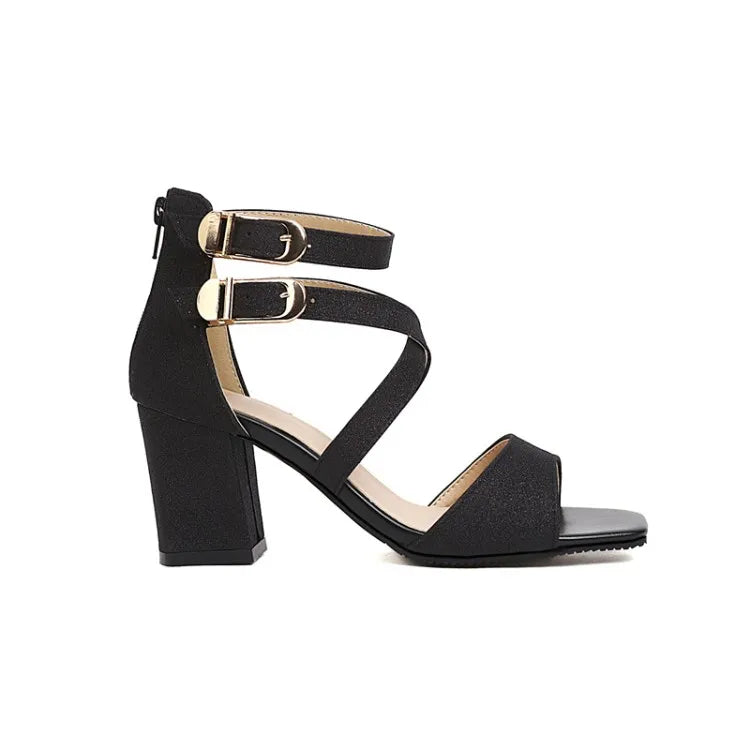 Square Heel Buckle Cross Strap Sandals