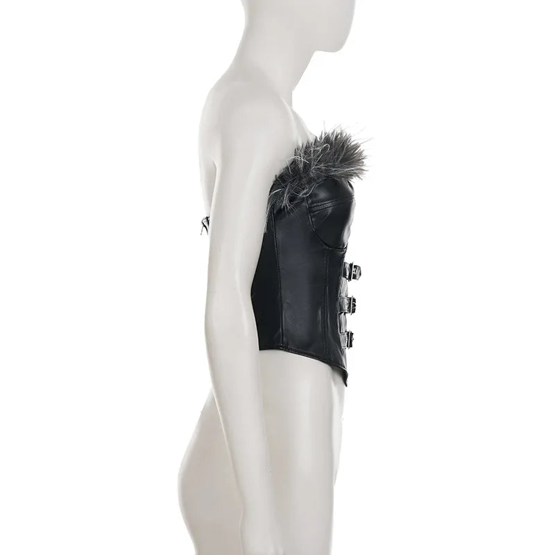 FAGADOER Punk Gothic Sexy Fur Leather Patchwork 2 Pieces Set for Woman Sleeveless Backless Tops and Bubble Puff Skirt Streetwear