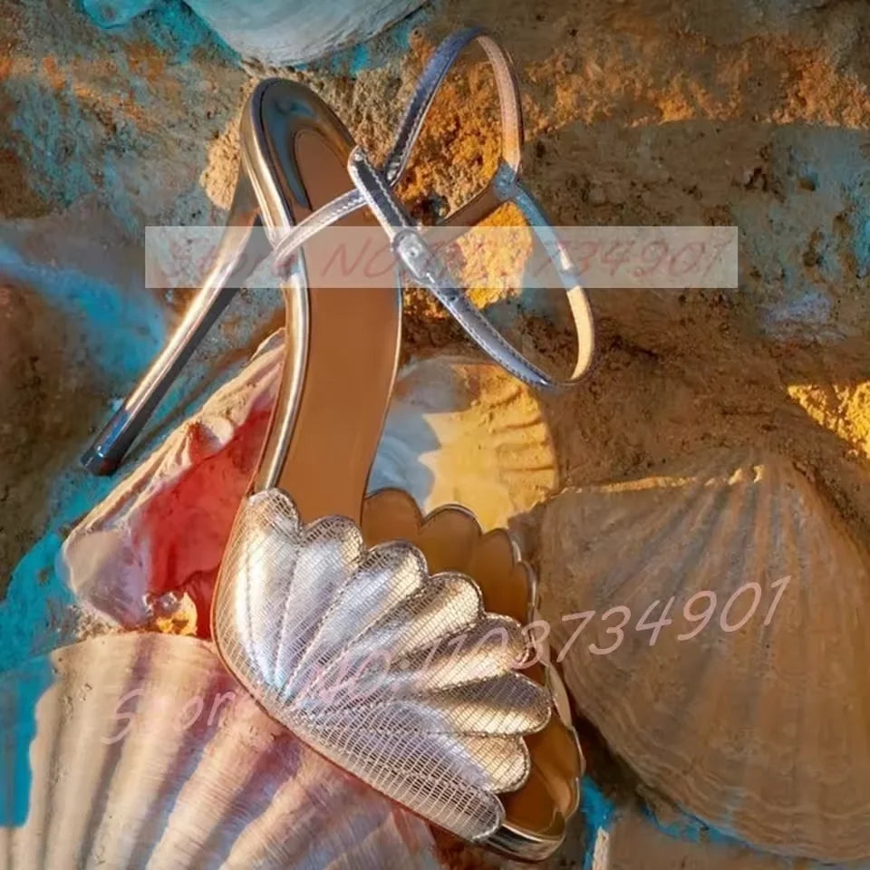 Metallic Scalloped Platform Sandals With Thin Heel For Women
