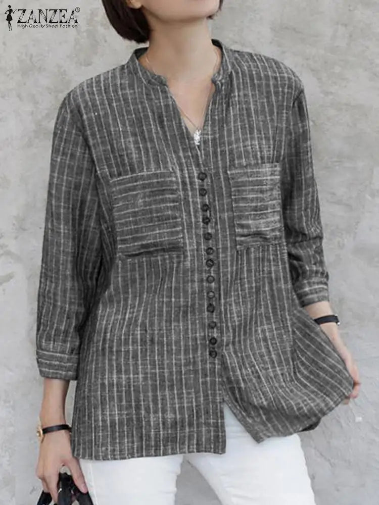 ZANZEA Fashion Stripe Printed Shirt Summer  3/4 Sleeve V-Neck Blouse Female Casual Blusas Mujer Woman Elegant Loose Korean Tops