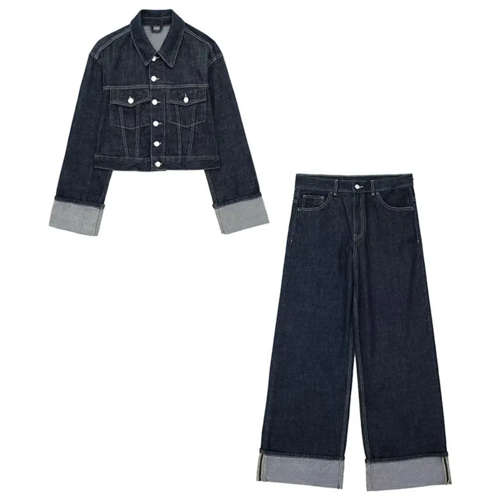 Retro Spliced Street Denim Two Piece Set for Women