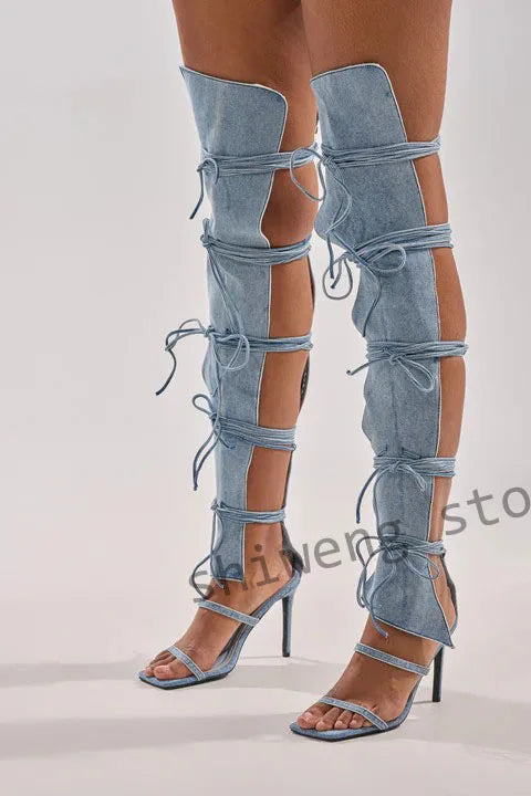 Lace Up Stiletto Pointed Toe Thigh High Boots for Women