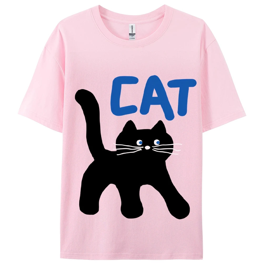 Women's Basic Crew Neck Tee Trendy Y2K Women's Short Sleeve Cartoon Cat Print Cute Aesthetic Cotton Casual T-Shirt