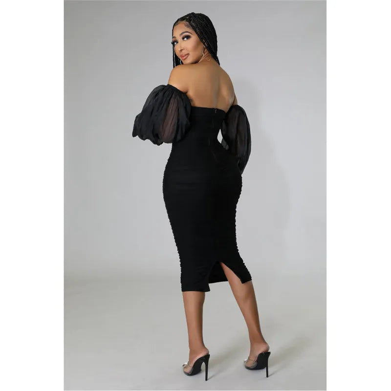 Sexy Off Shoulder Mesh Lantern Sleeve Bodycon Midi Dress for Women Elegant Party Club Night Ruched Formal Pencil Dress Vestidos
