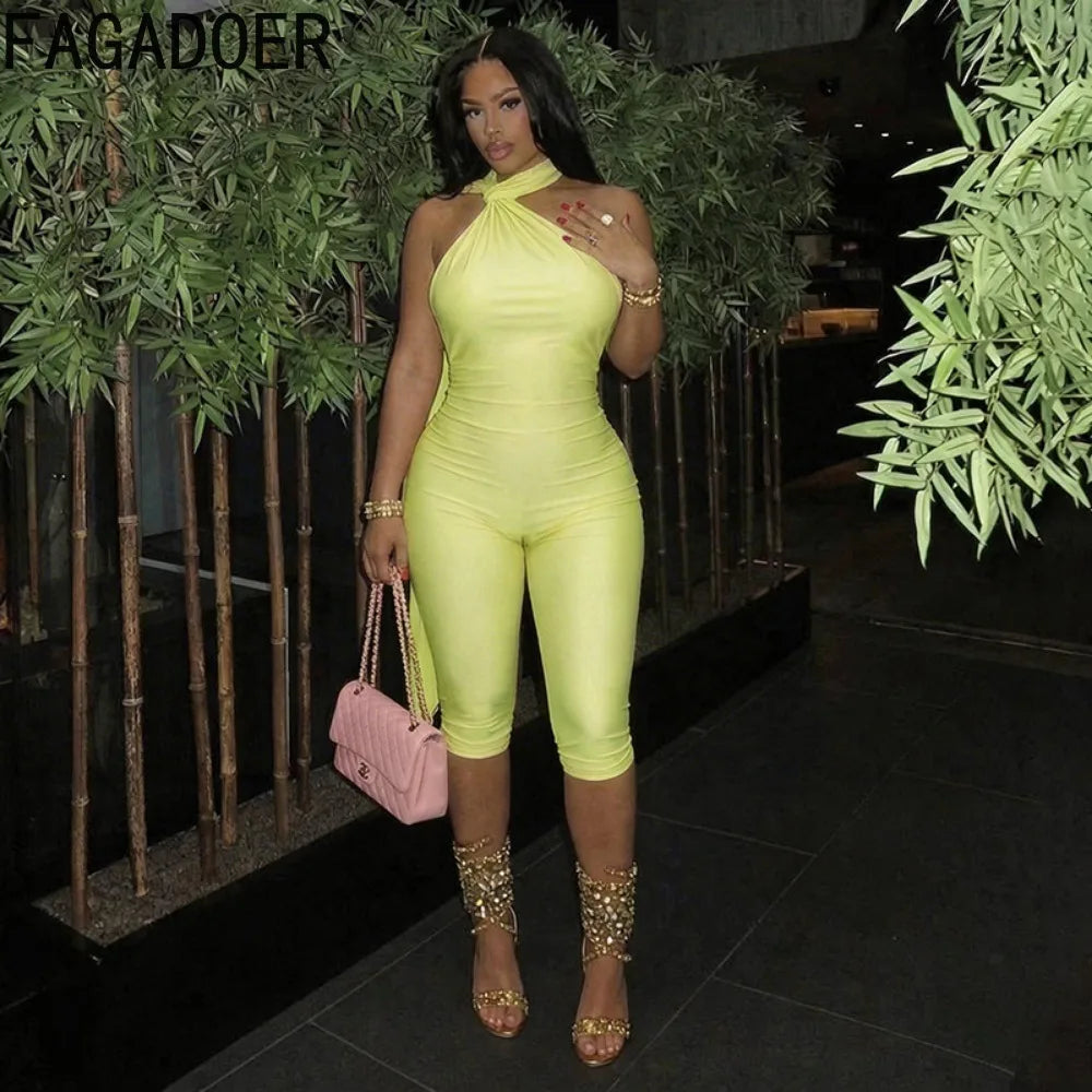 Sexy Ruched Backless Halter Bandage Jumpsuit for Women