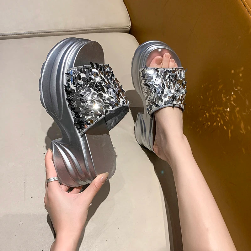 Metallic Sequined Platform Wedge Sandals for Women