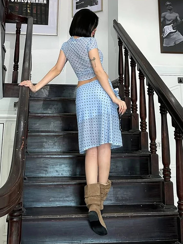 Polka Dot Print Floral Embellishment Two Piece Set for Women