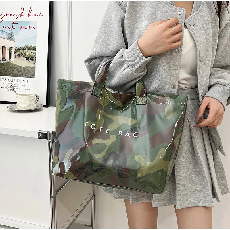 Leaf Print Handbag Pvc Fashion Transparent Waterproof Fashion High-end Shoulder Bag Large Capacity Commuter Tote Bag Shop Bag