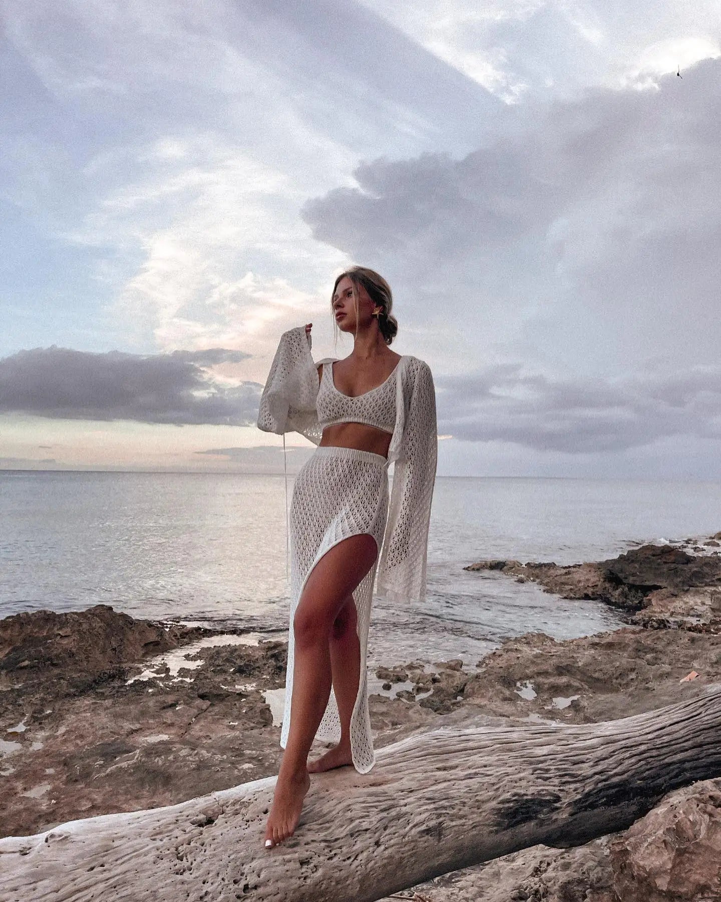 Sexy Knit Set White Cut Out Swimsuit Cover Up 2025 Women's Summer Bell Sleeve Lace-up Loose Top Beach Half Skirt Two-piece K136