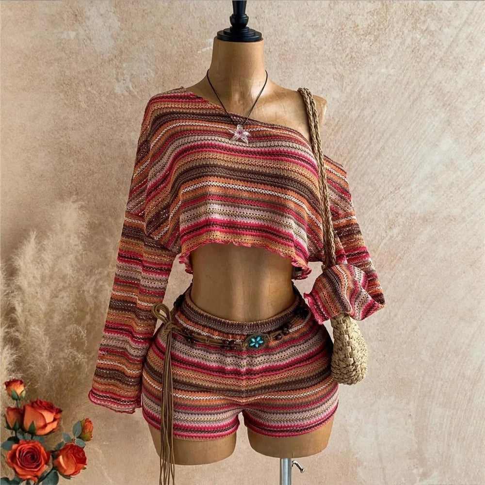 Slanted Shoulder Knit Two Piece Shorts Set for Women