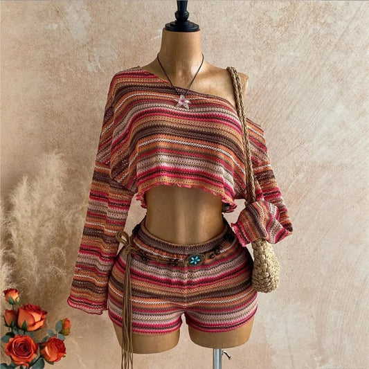 Slanted Shoulder Knit Shorts Set
