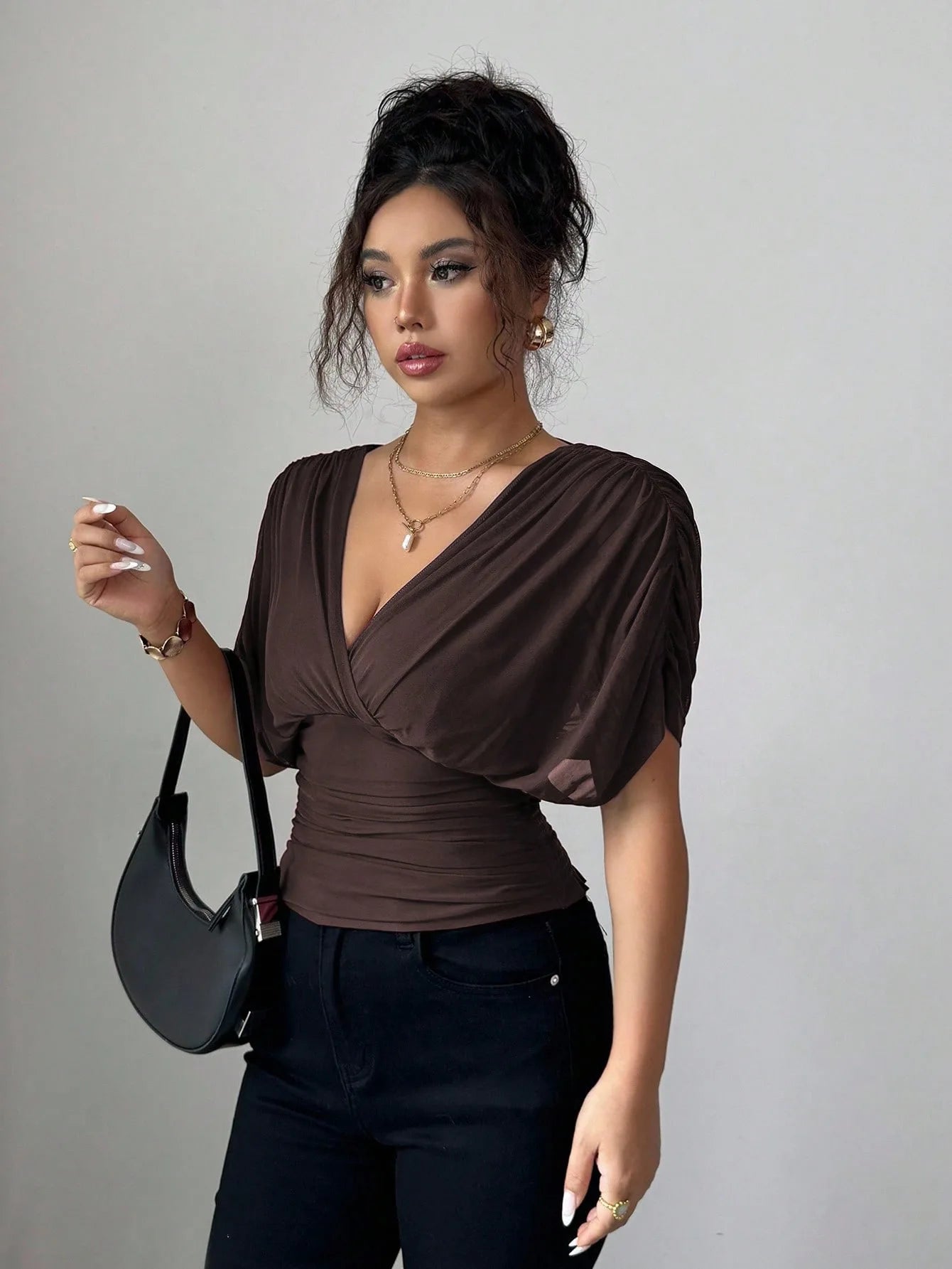 Elegant Deep V Neck Flutter Sleeve Waist Cinching Top for Women