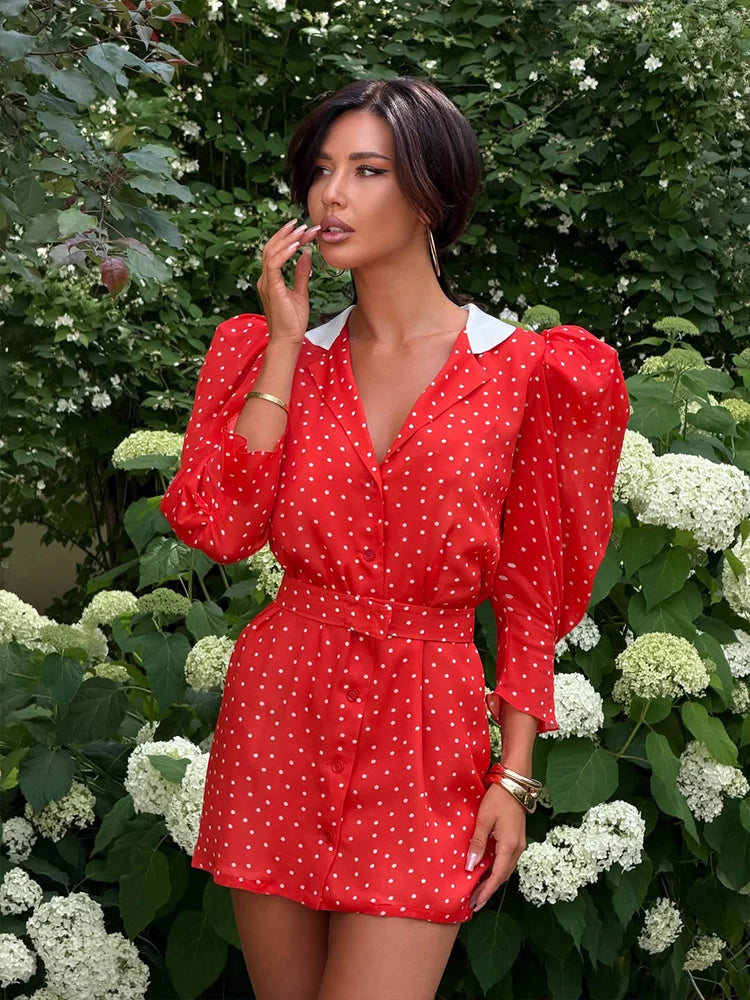 Elegant Polka Dot V Neck Puff Sleeve Mini Dress for Women
