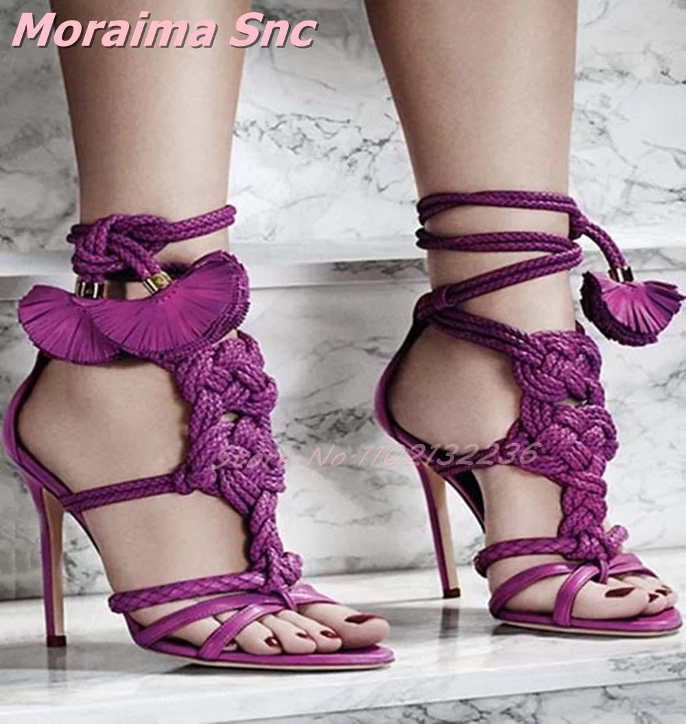 Rope Weave Tassel Cross Strap High Heel Sandals For Women