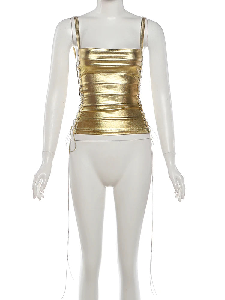 Nibber Fashion Style y2k Tops Camisole Women Summer Tops Shirring Ruched Slim Shiny Skinny Hollow Sexy Hot Chick Club Tanks Top