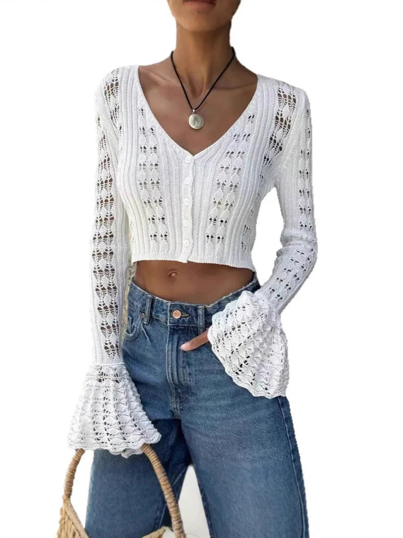 Autumn Knitted Cardigan Female Solid V-Neck Hollow Out Short Knitted Top Fashion Casual Loose Commuter Female T-Shirt