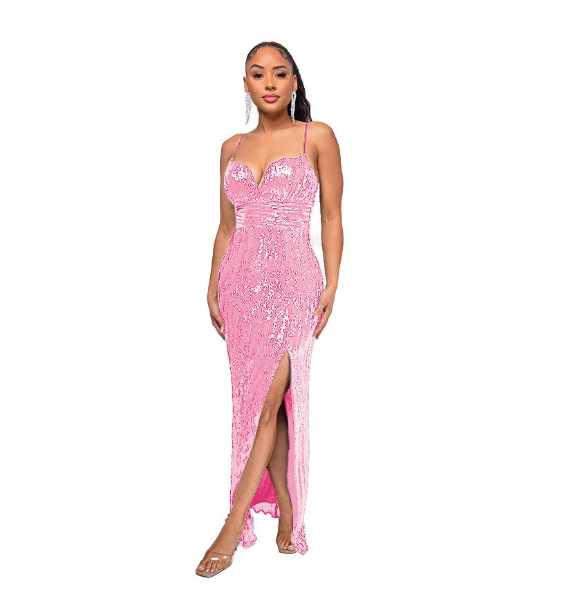 Glitter Sequin Spaghetti Strap Party Maxi Dress for Women